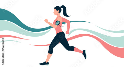 Illustration of a woman running with a phone on her arm, fitness concept