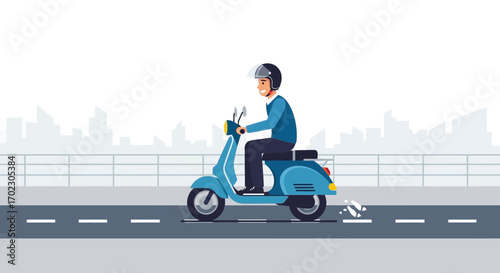Man Driving a Retro Scooter on a City Road, Stylish Travel Illustration