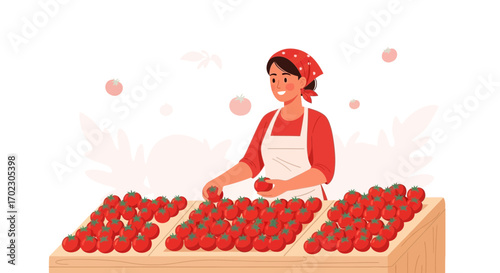 Illustration of a woman selling fresh tomatoes in a market stall during harvest