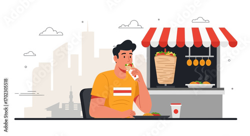 Man enjoying a delicious shawarma sandwich outside of a food stand in the city
