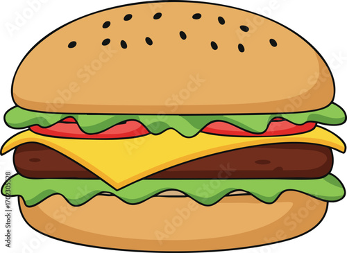 A colorful cartoon illustration of a delicious cheeseburger with a beef patty, melted cheese, lettuce, and tomato on a sesame seed bun.