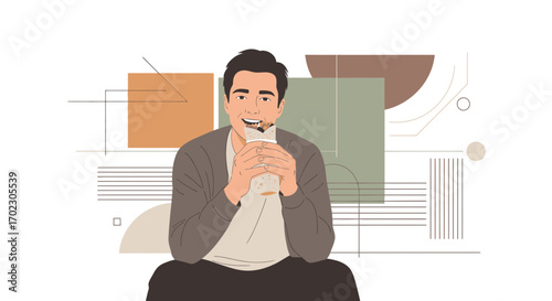 Man enjoying a meal, burrito, illustration, colorful drawing, isolated on white background