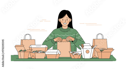 Illustration of a woman unpacking takeout food from a paper bag after delivery at home