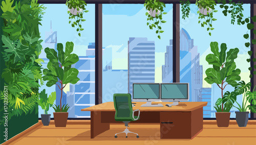 Modern office balcony with city view and lush green plants vector illustration