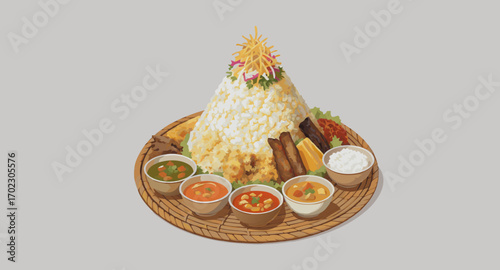 Traditional Indonesian Nasi Tumpeng with Side Dishes.