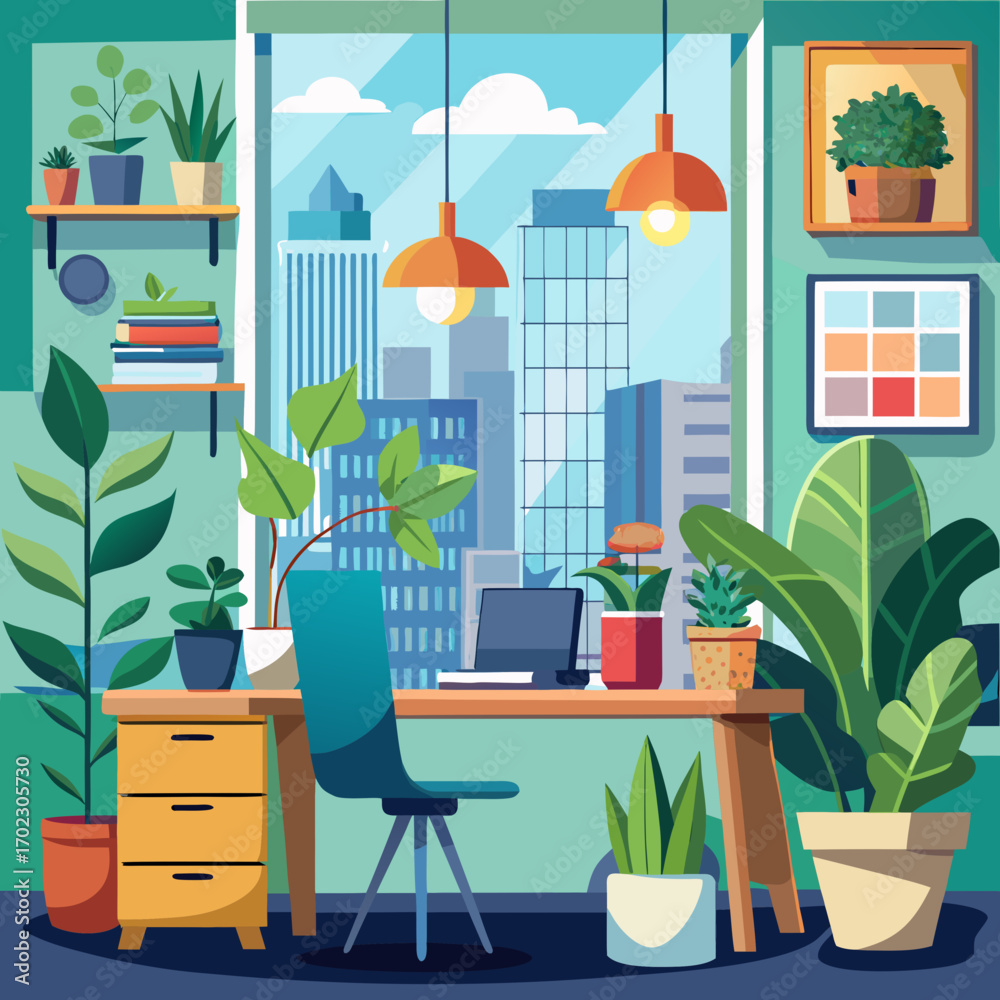 Obraz premium Cozy vector cartoon workspace with abundant indoor plants and city view