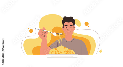 Man Enjoying Pasta: A Vector Illustration Depicting Food, Eating, and Culinary Delight