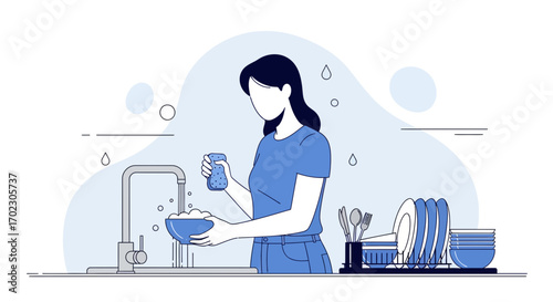 Illustration of a woman washing dishes in the kitchen and doing housework at home