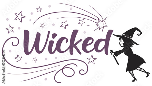 Wicked witch silhouette with magic star typography, Halloween party poster, 