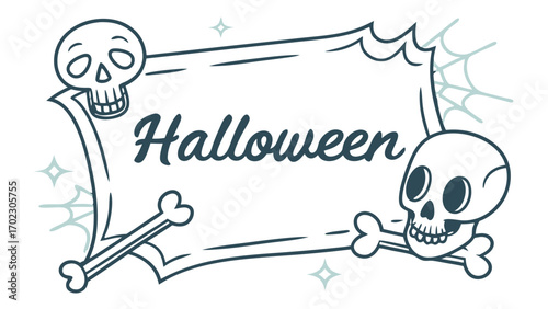 Halloween skull doodle illustration with cobweb border decorative frame, spooky spiderwebs
