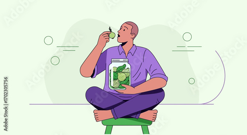 Man Enjoying Fresh Vegetables Concept Illustration with Minimalist Line Art Style