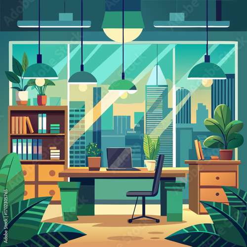 Cartoon office interior with desk bookshelves plants and natural light