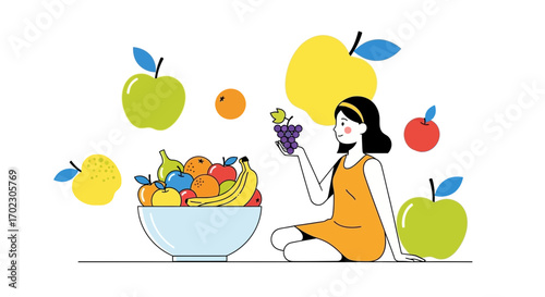Illustration of a woman with a bowl of fruits and apples, healthy lifestyle concept