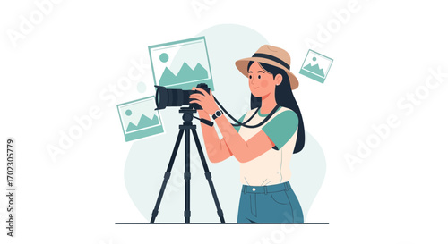 Illustration of a Woman with a Camera on a Tripod Taking Photos Outdoors no special characters