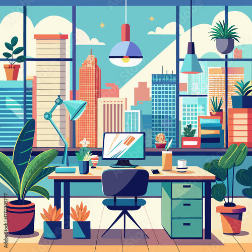 Bright airy modern office workspace illustration with city view and plants