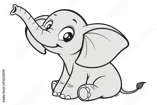 Cute cartoon baby elephant sitting with trunk raised