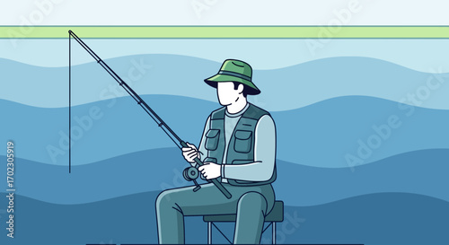 Man Fishing Amidst Azure Waters, Capturing A Leisure Moment With His Rod