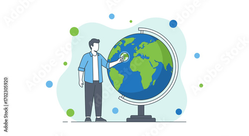 Man Exploring Globe Representing International Travel Education Geography and Global Concept