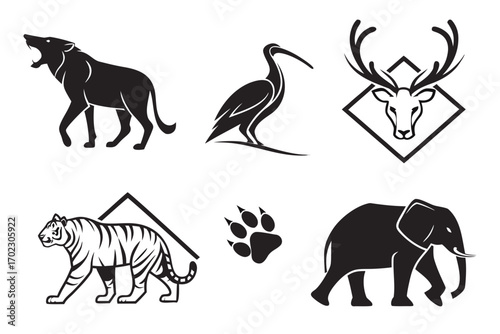Collection of stylized wild animal icons and symbols