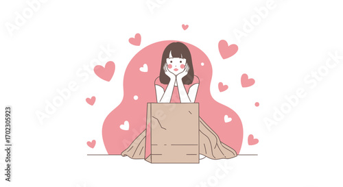 Illustration of a woman with hearts and a box in a romantic and loving moment
