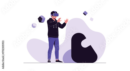 Man experiencing virtual reality using headset interacting with augmented environment illustration