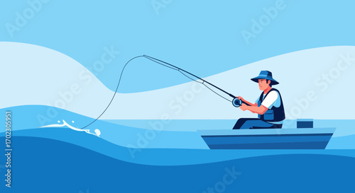 Man Fishing from a Boat on the Sea: A Vector Illustration in Blue Tones