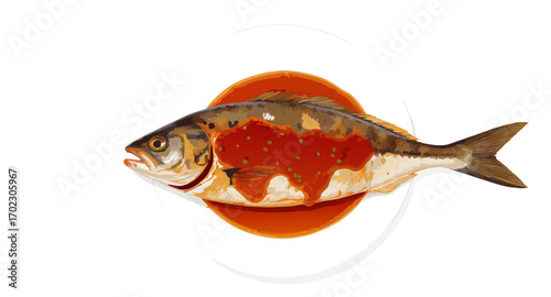 Stylized Prepared Fish Illustration with Seasoning on a Plate.