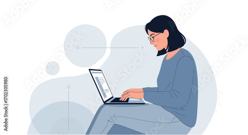 Illustration of a woman working on laptop, concept for remote work, freelancer