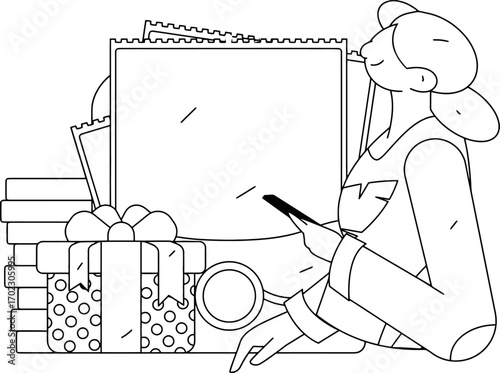 Elegant woman schedules appointments on calendar with gift box nearby, perfect for holiday promotions or planning your next event, featuring a modern and clean design for social media posts