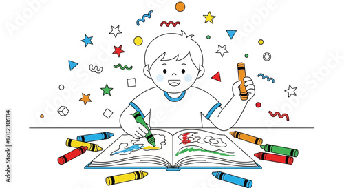 Illustration of a young boy drawing and coloring in an artbook with crayons