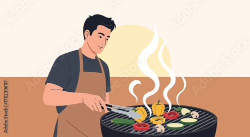 Man Grilling Vegetables Outdoors, Enjoying Summer, Preparing Healthy Food At Sunset No Commas