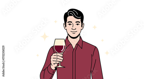 Man Holding a Glass of Red Wine with a Smile and a Confident Expression