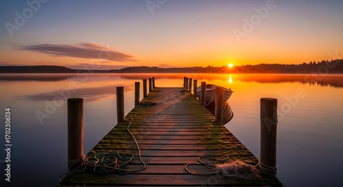 Wooden Pier Extending Into A Serene Lake At Sunrise.