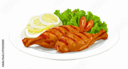 Plate of grilled chicken drumsticks with lemon and vegetables.