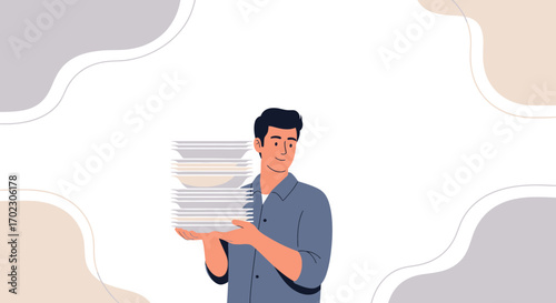 Man Holding a Stack of Plates Against Abstract Background With Soft Colors