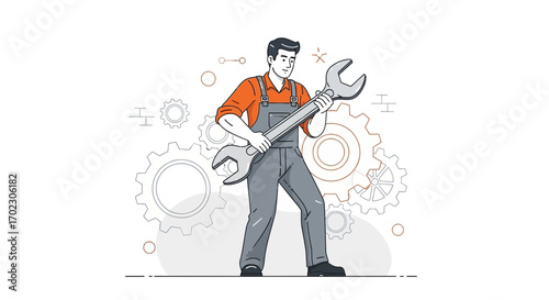 Man holding a huge wrench with gears in the background in a flat design