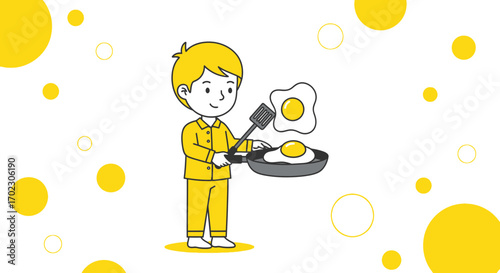 Illustration of a young boy in pajamas cooking eggs for breakfast in the morning hours