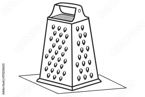 Black and white illustration of a four sided box grater on a flat surface