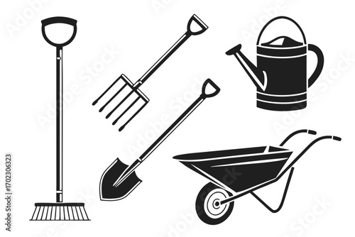 Collection of black garden tools on white background