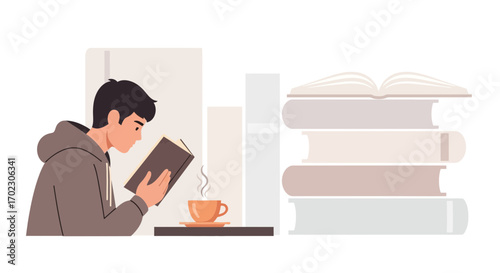 Man Immersed In Reading Beside Coffee Cup And Stacked Books For Digital Illustration