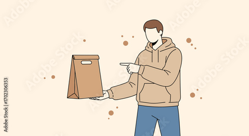 Man Holding Takeout Bag Pointing, Line Art Illustration Representing Food Delivery Service