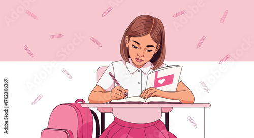 Illustration of a young girl writing in a notebook at school, studying and note taking