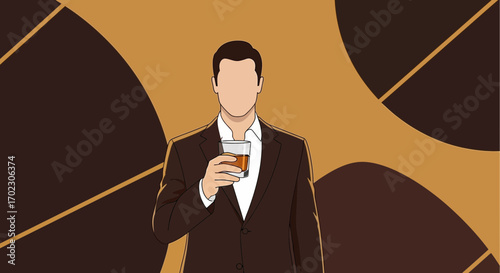 Man holding whiskey in a glass, businessman with suit, brown background design