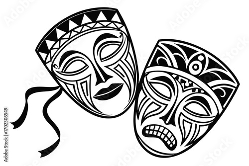 Tribal masks representing joy and sorrow in black and white