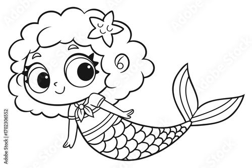 Cute cartoon mermaid with curly hair and a starfish accessory