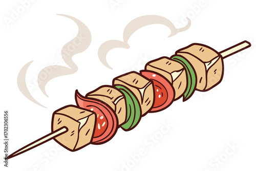 Delicious cartoon skewer with meat and vegetables steaming