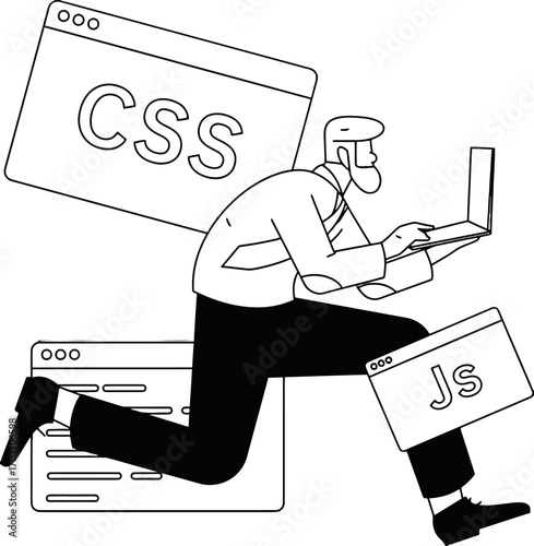 Dynamic web developer passionately coding with CSS and JavaScript, creating a modern digital experience, innovative design and seamless functionality, a vibrant tech illustration