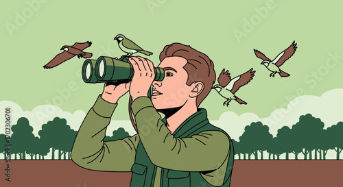 Man observing birds through binoculars while birdwatching in nature