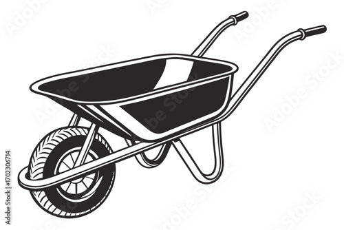 Black and white illustration of a garden wheelbarrow on a white background