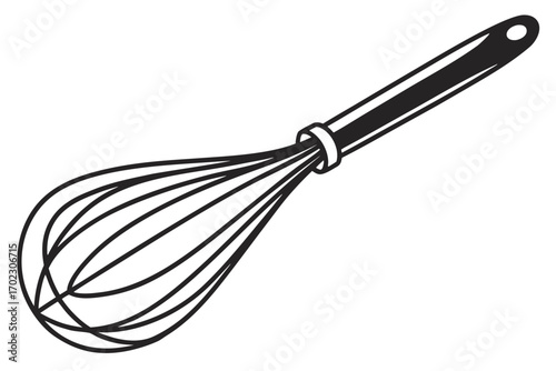 Simple black and white illustration of a kitchen whisk
